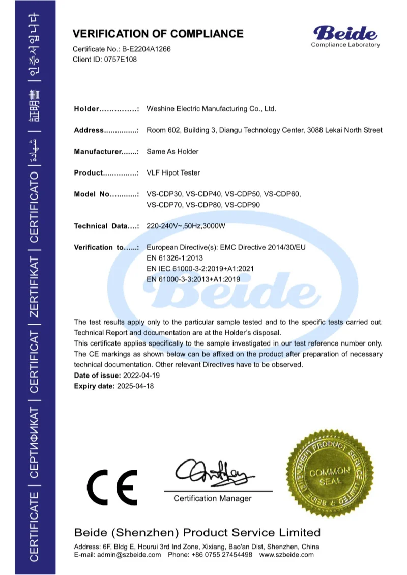 WESHINE ELECTRIC VERIFICATION OF COMPLIANCE Certificates