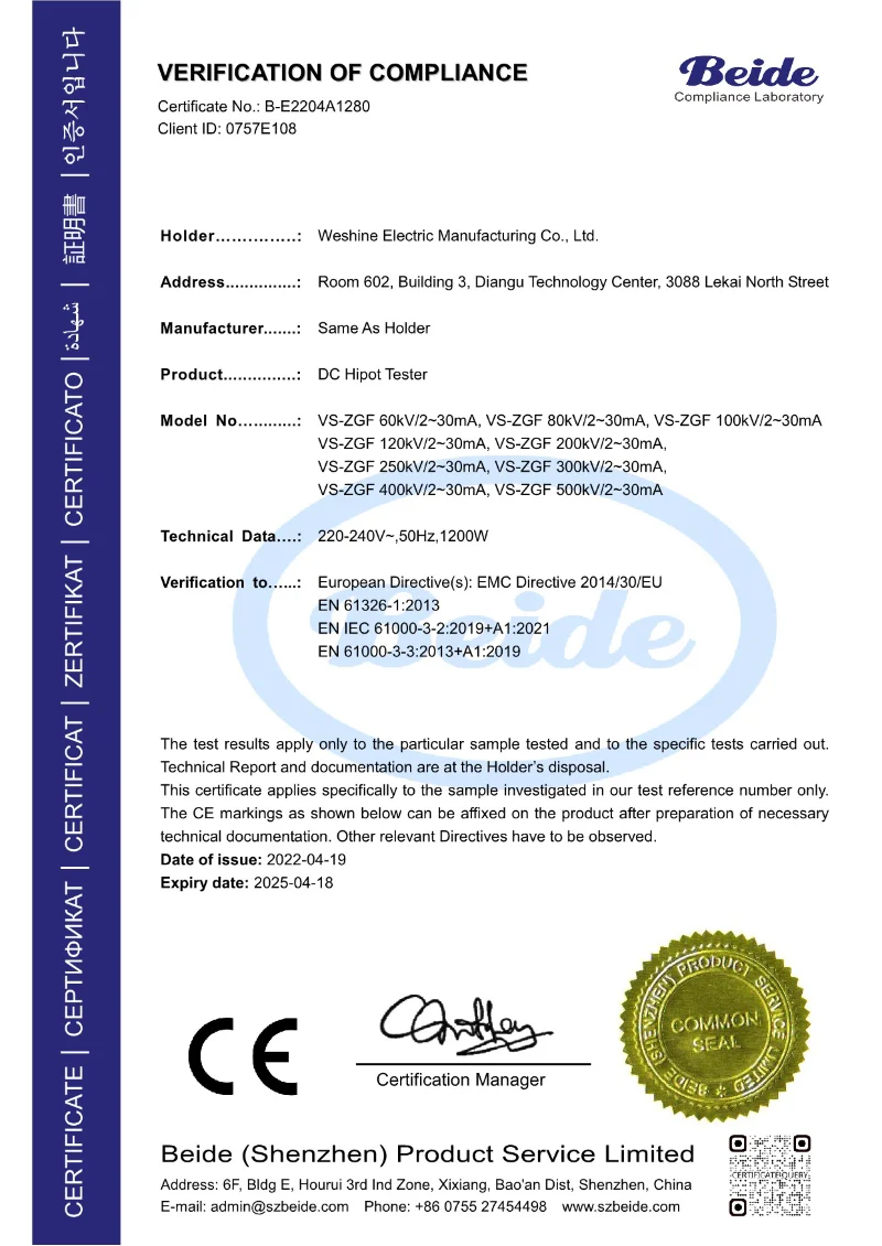 WESHINE ELECTRIC VERIFICATION OF COMPLIANCE Certificates