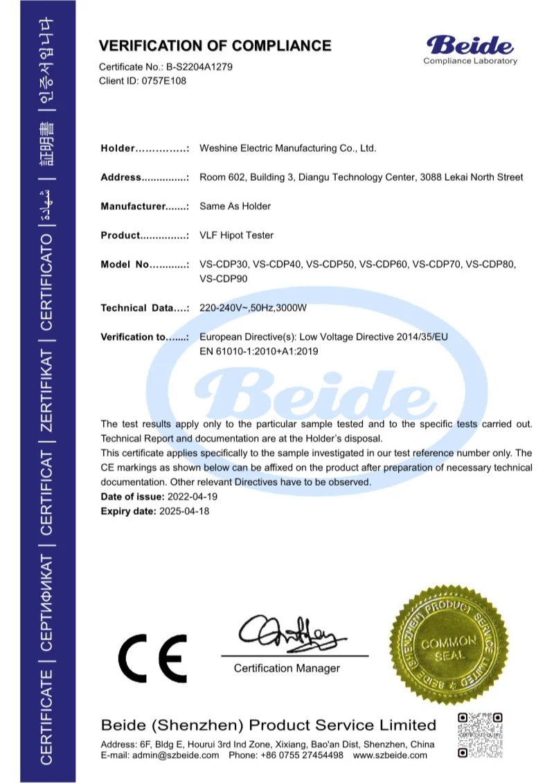 WESHINE ELECTRIC VERIFICATION OF COMPLIANCE Certificates