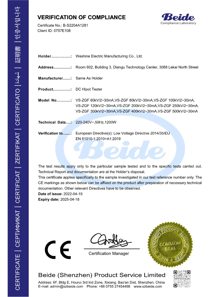 WESHINE ELECTRIC VERIFICATION OF COMPLIANCE Certificates